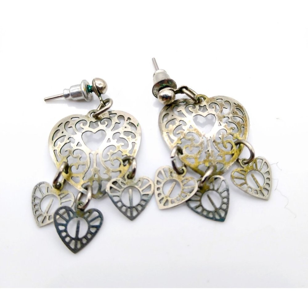 Filigree Heart Dangle Earrings, Silver Tone Vintage Pierced Metal